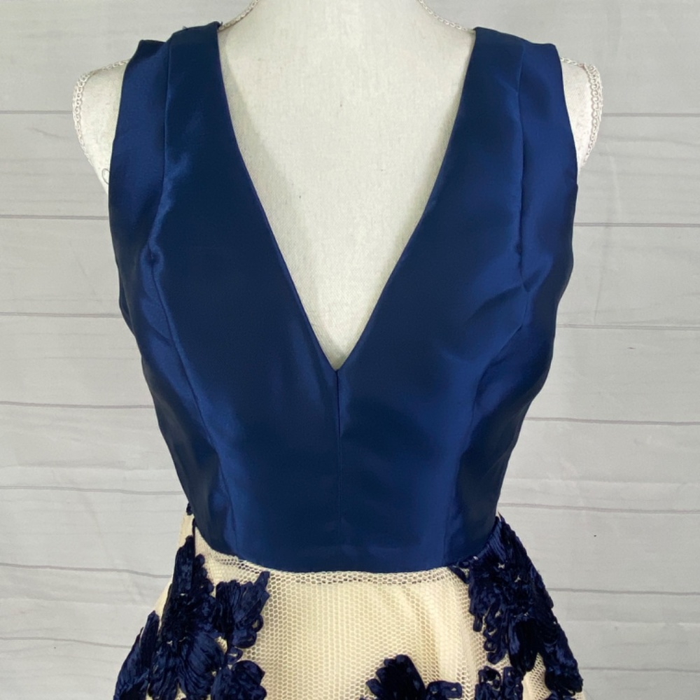 Maniju Blue Ivory Floral Fit and Flare Short Dress Sleeveless Formal Size Large - Picture 2 of 11